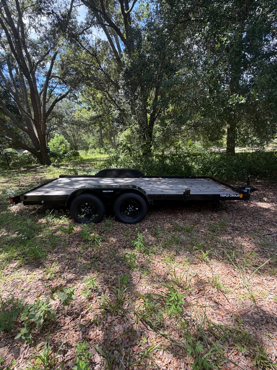 Triple Crown 7×16, tandem axle, 7,000-lb GVWR, ~5,500-lb payload