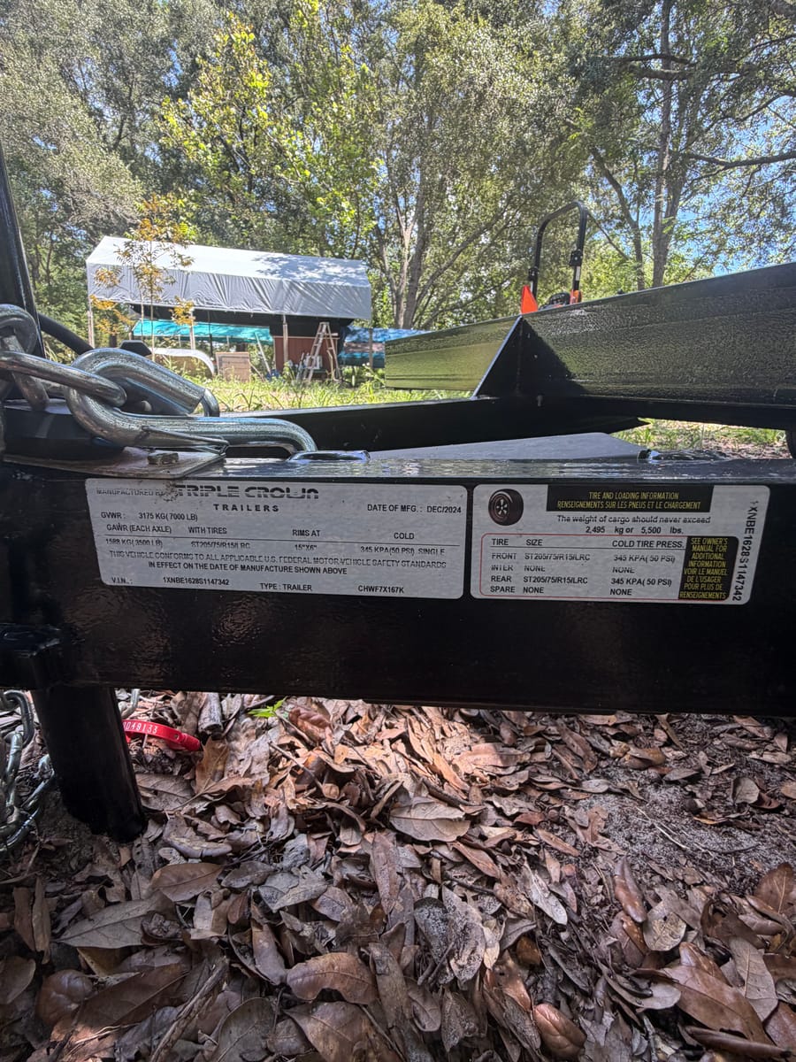 Triple Crown 7×16, tandem axle, 7,000-lb GVWR, ~5,500-lb payload